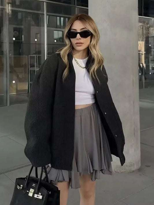 TRZA Frauen Mode Mit Taschen Übergroßen Bomber Jacke Mantel Vintage Langarm Druckknopf Weibliche Oberbekleidung Chic Tops.