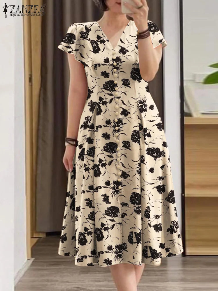 ZANZEA Damen-Sommerkleider, Rüschenärmel, V-Ausschnitt, Cinch-Taille, Damen, elegant, Blumendruck, Party, Pendeln, A-Linie, Midi-Sommerkleid