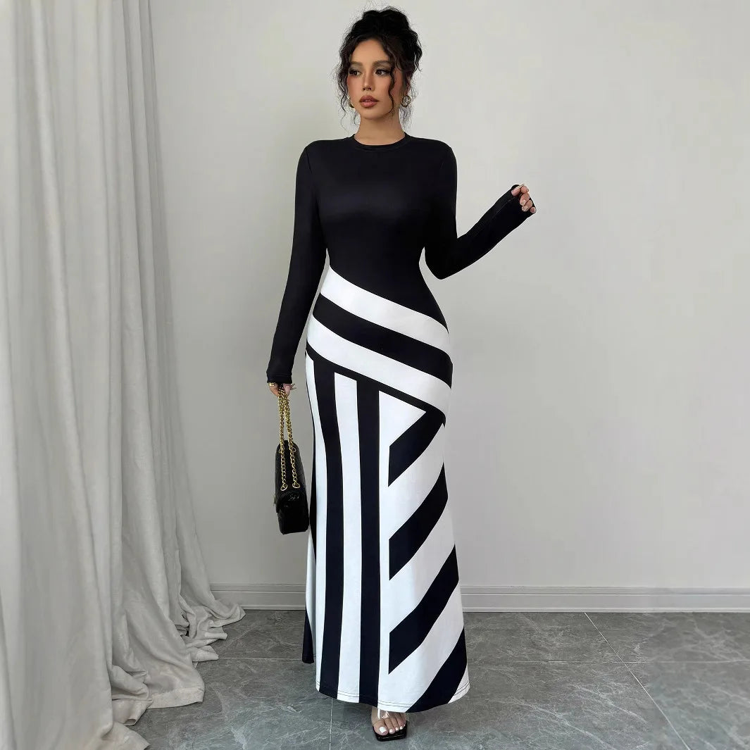 Sexy frauen Maxi Kleider Neue Herbst Streetwear Fashion Schwarz Weiß Patchwork Beiläufige Dünnes Kleid Elegante Gestrickte Kleider Kleidung