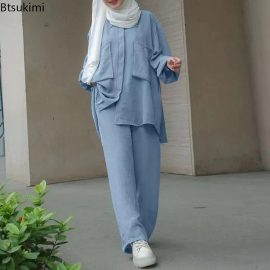 Frauen Casual Muslimischen Anzug Solide Abaya Eid Ramadan Langarm Bluse + Hosen 2-teiliges Set Dubai Türkei Kaftan Frauen islamische Kleidung.