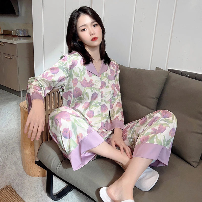 2023 frühling Herbst Neue Eis Seide 2 Stück Pyjamas für Frauen Mode Strickjacke frauen Pyjamas Süße Druck Loungewear Frauen set