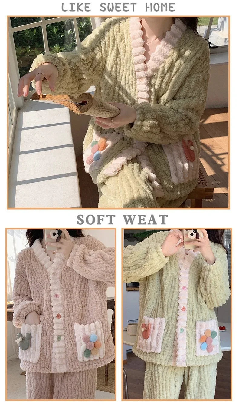 Verdickte Warme Flanell Frauen Nachtwäsche Loungewear Strickjacke Anzug Winter Süße Kawaii Weiche Fee Wind Damen Pyjamas Homewear
