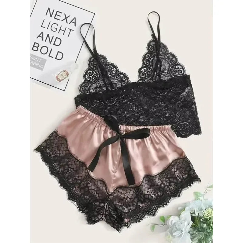 Weibliche Pyjama Sets Spaghetti Strap Top und Shorts Pyjamas Sexy Dessous Seide Satin Nachtwäsche Sommer Hause Tragen Frauen Schlaf Tuch