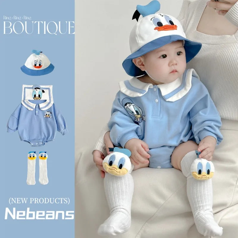 Neugeborenen Baby Strampler Socke Hut 3 stücke Set Cartoon Donald Daisy Ente Kleidung Jungen Mädchen Overall Infant Kurzarm Body k732