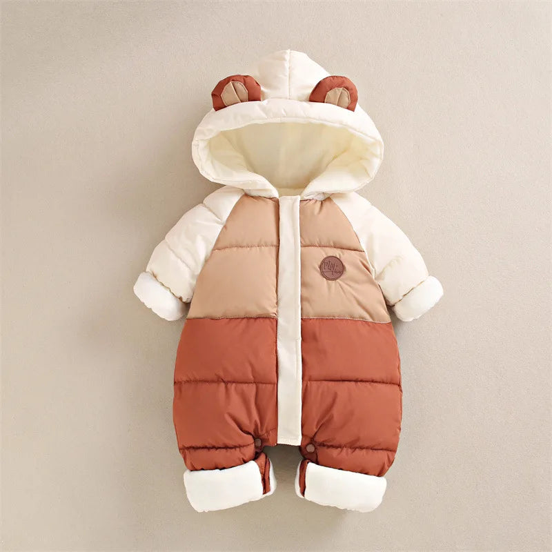 Winter Neue Baby Strampler Jungen Mädchen Patchwork Dicke Plus Samt Overalls Winddicht Mit Kapuze Overalls Schneeanzug Ein Stück Body