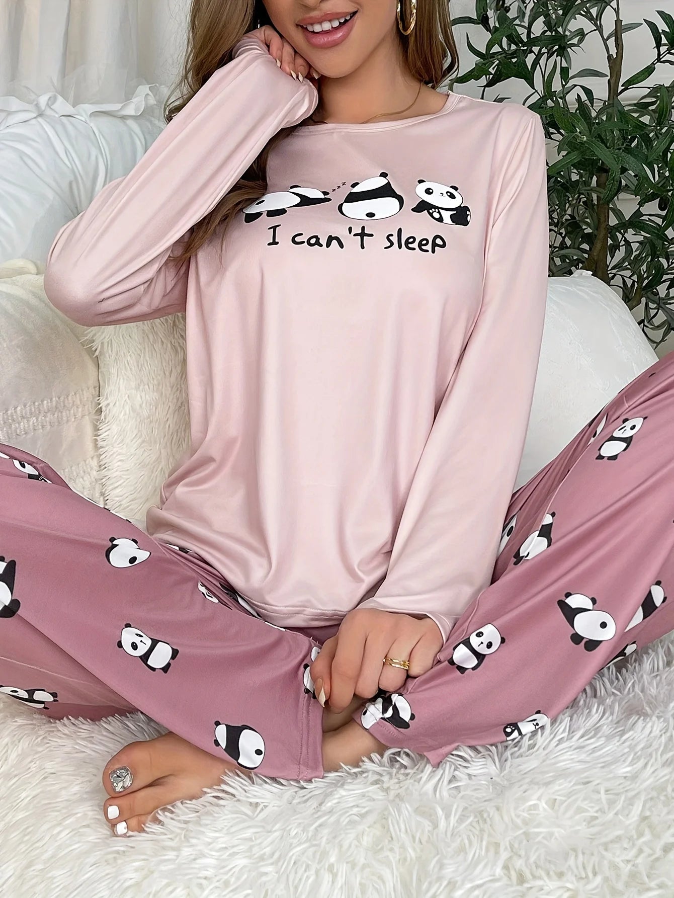 Damen-Pyjama-Set im neuen Stil, süßer Panda, langärmelige Hose, zweiteilig, lässige Heimkleidung