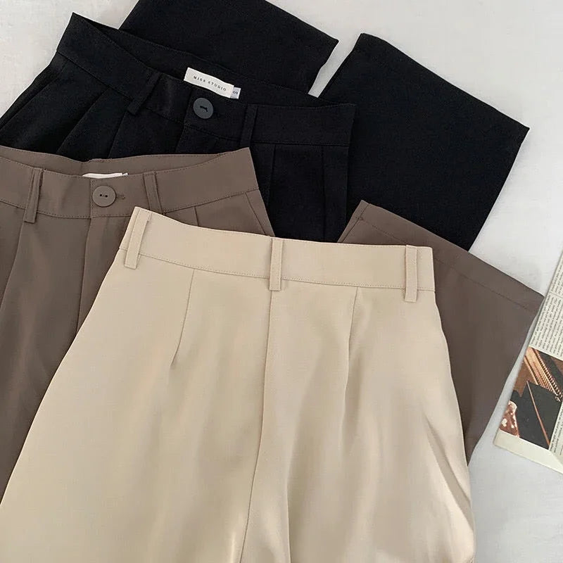 Hohe Taille Frauen Anzug Hosen fallen gerade Büro Damen koreanische Mode Hosen lässig Knopf lose weibliche schwarze Hosen neue 2024