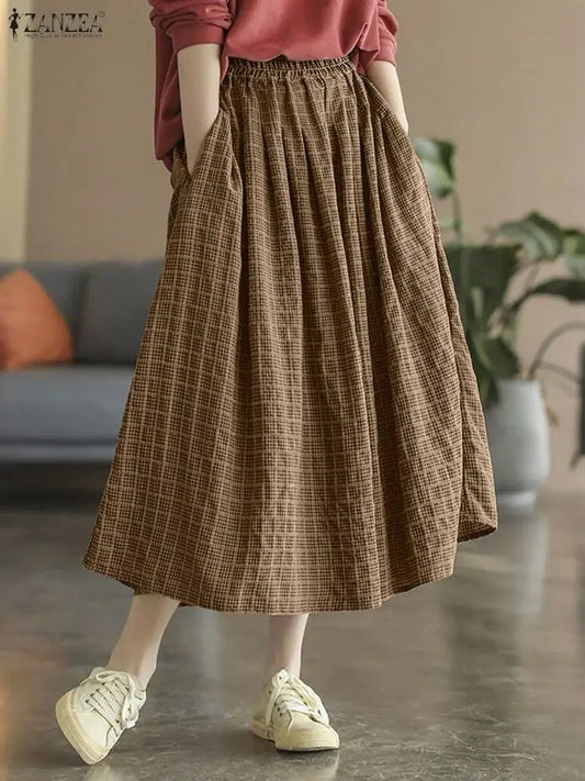 ZANZEA Women's Vintage Gingham Midi Skirts Casual Elastic Waist Gathered A-Line Skirt 2025 Autumn Woman Clothing Bottoms S-3XL.