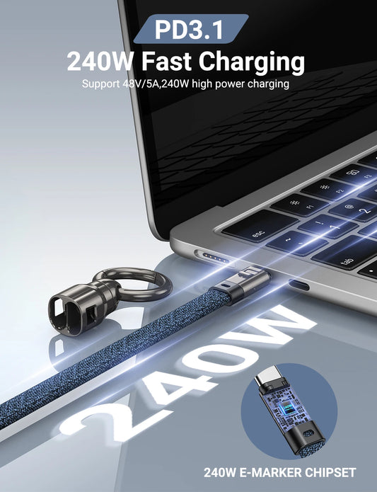AUFU PD240W USB-C to USB-C Super Fast Charge Data Cable Zinc Alloy Head Lanyard 2 in 1 Phone Lanyard Charge Cable For IPhone SUM.