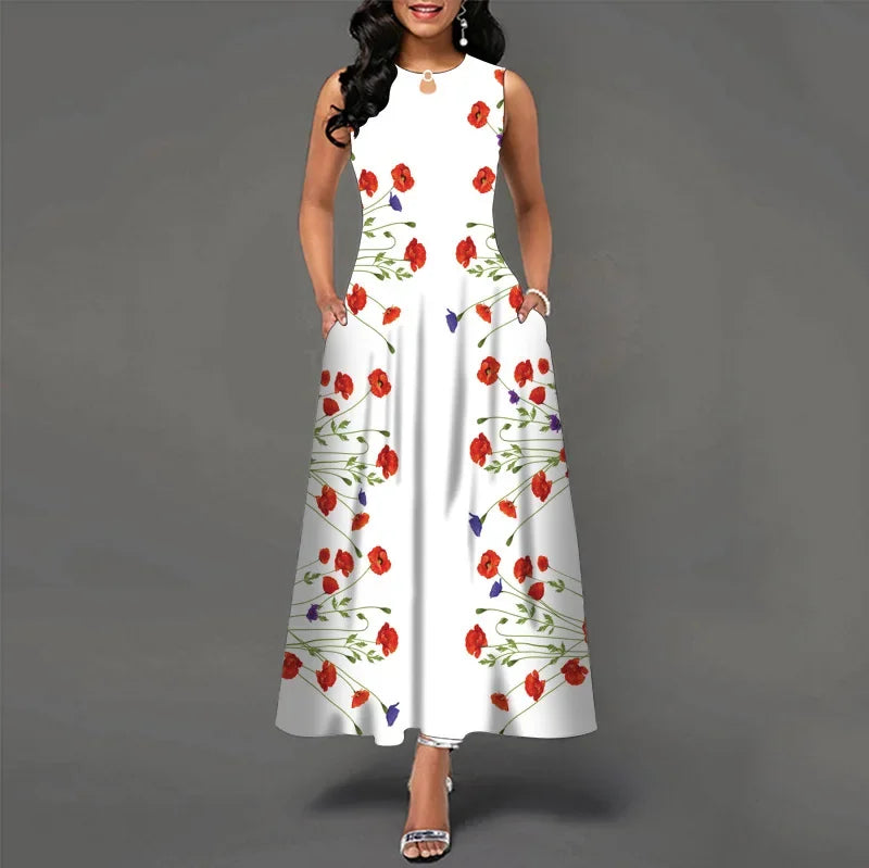 Blumendruck Neues lässiges ärmelloses langes Kleid Damen V-Ausschnitt bedrucktes Kleid Swing Bohemian Retro Kleider