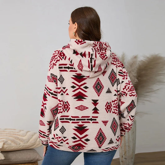 Kapuzenpullover für Damen, große Größe, Reißverschluss-Sweatshirts, ethnischer Druck, flauschiger Streetwear-Pullover, Herbst-Winter-Rollkragenpullover.
