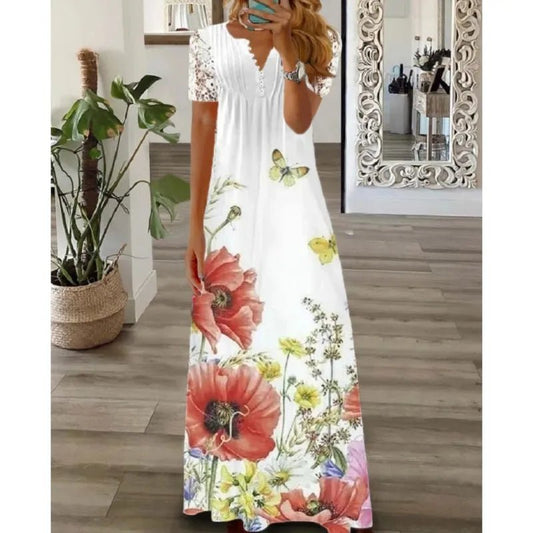 Frühjahr/Sommer Mode frauen Kurzarm Gedruckt Spitze Kleider Elegante frauen Weiß V-ausschnitt Slim Fit Party Lange vestidos.