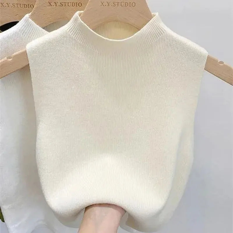 Frühling Herbst Temperament Gestrickte Pullover Weste frauen Hälfte-rollkragen Leibchen Cropped Top Ärmelloses Tank Top