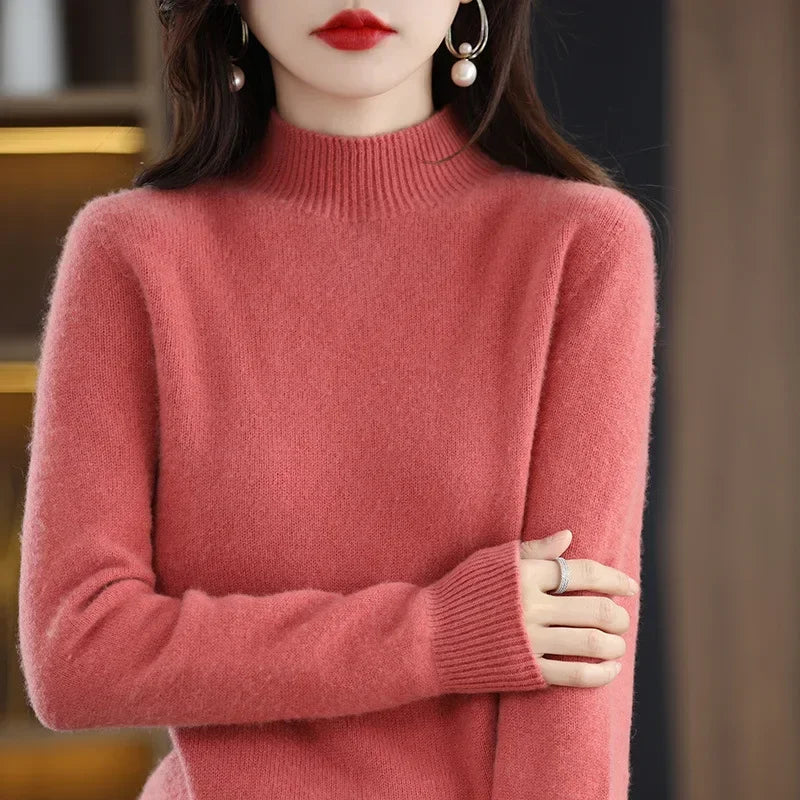 Herbst Winter Frauen Pullover Koreanische Mode Warme Bodenbildung Shirts Halb Hohe Kragen Grundlegende Strickwaren Solide Langarm Pullover