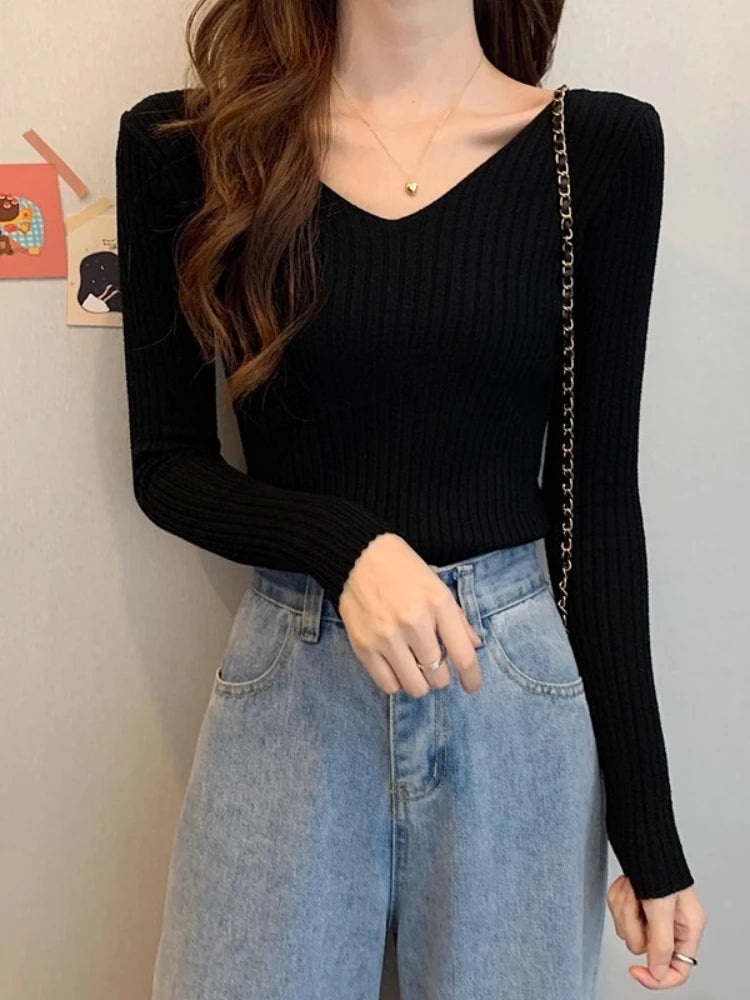 2025 einfarbig Schlank Pullover Koreanische Herbst Winter V-ausschnitt Pullover Mode Lässig Langarm Gestrickte Pullover Frauen Kleidung