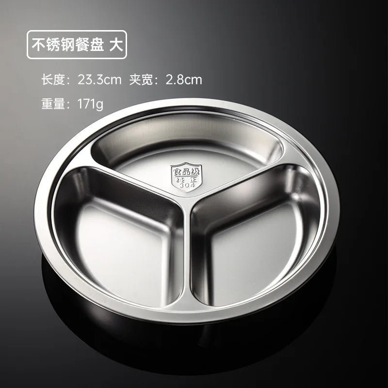 3 Grid Satinless Steel Food Plate Round School Kids Dish Trays Meal Sharing Dishes Set Service Table Student Main Dining Cutlery.