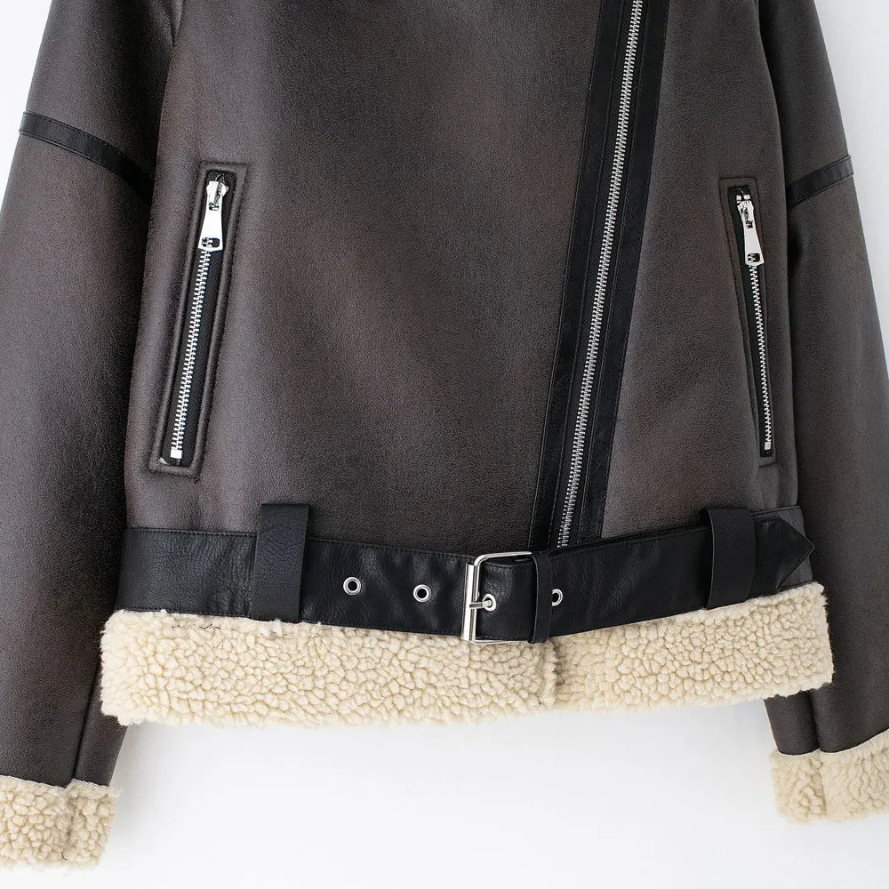 TRZA-Damen-Jacke aus dickem, warmem Wildleder mit Gürtel, langärmlige Mäntel, Kunstscheren, weibliche Oberbekleidung, schicke Oberteile, Wintermode