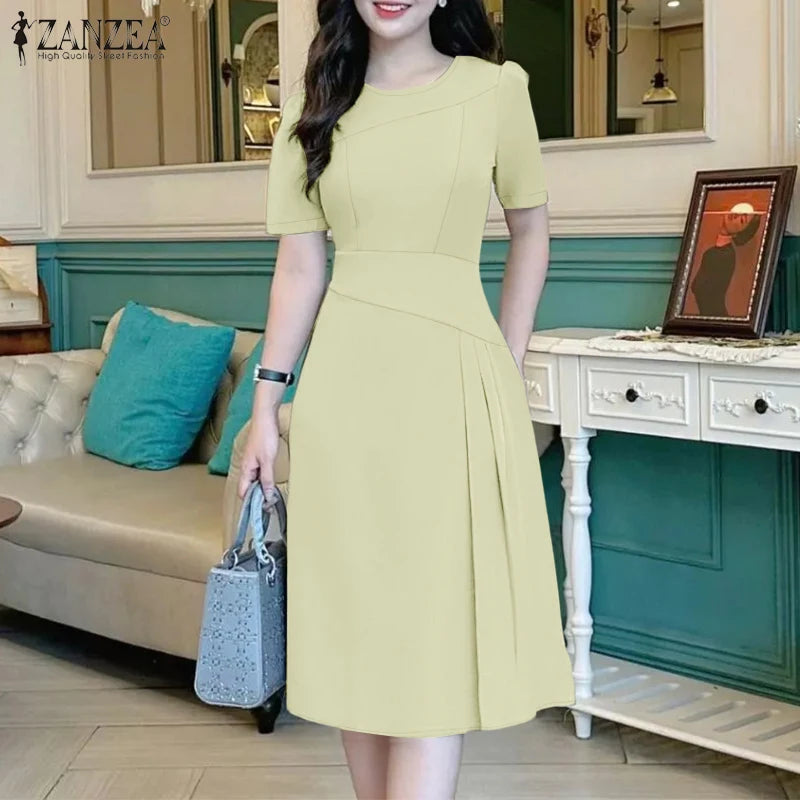 ZANZEA Elegante Büro Frauen Kleider Sommer Stilvolle Solide Party Arbeit Kleid Mode Kurzarm Plissee Vestidos Midi Sommerkleid