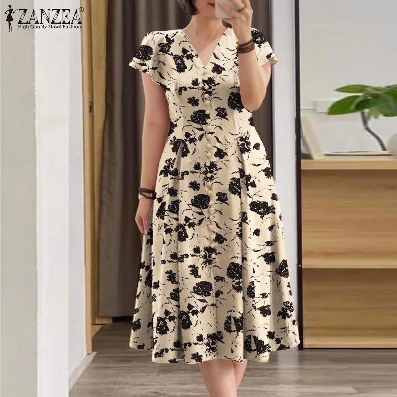 ZANZEA Damen-Sommerkleider, Rüschenärmel, V-Ausschnitt, Cinch-Taille, Damen, elegant, Blumendruck, Party, Pendeln, A-Linie, Midi-Sommerkleid