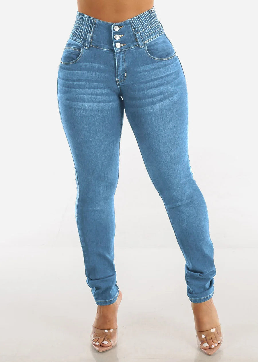 Jeans-Bleistifthose für Damen, 2025, dünne Hose, hohe Taille, Stretch, gewaschen, Distressed-Taschen, Knöpfe, Vintage-Denim, Streetwear