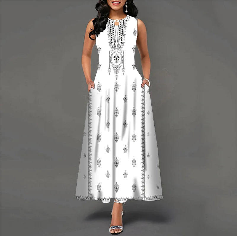 Blumendruck Neues lässiges ärmelloses langes Kleid Damen V-Ausschnitt bedrucktes Kleid Swing Bohemian Retro Kleider