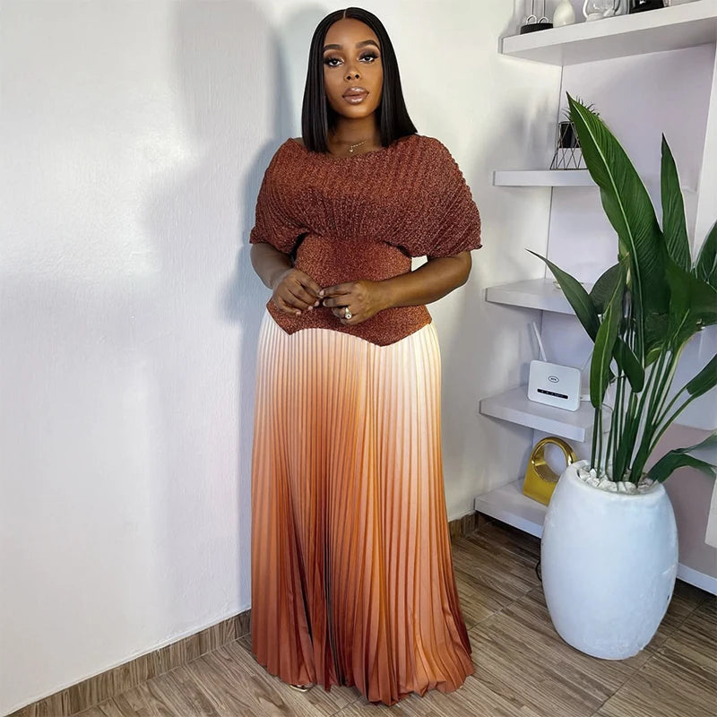 Women Plus Size Gradient Color Long Skirts And Tops Pleated 2 Piece Outfit Luxury Dubai Prom 2025 Casual For Female Fashion Sets.