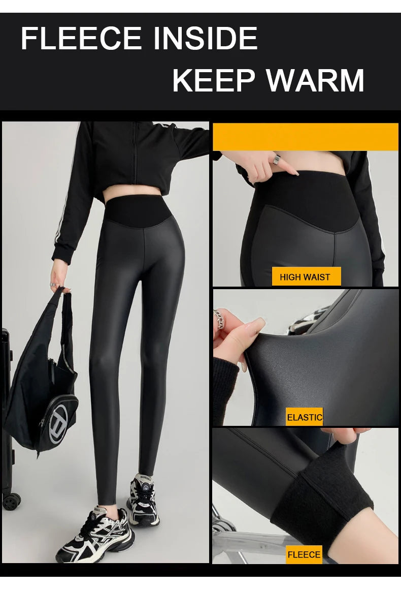 BIVIGAOS Herbst Neue Enge Stretch Leder Hosen Frauen Sharkskin Hohe Taille Spleißen PU Leder Fleece Sexy Leggings Winter Warm