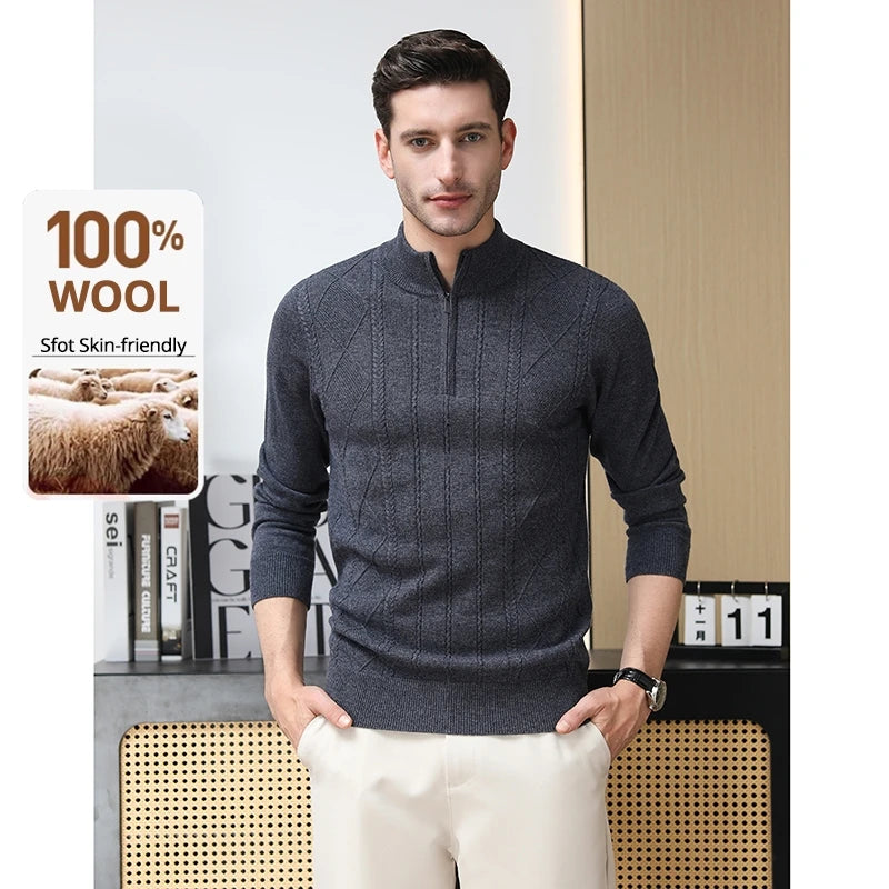 High End 100% Australia Wool Cashmere New Autum Winter Fashion Brand Casual Zip Up Men Pullover Knit Half Turtleneck Sweater.
