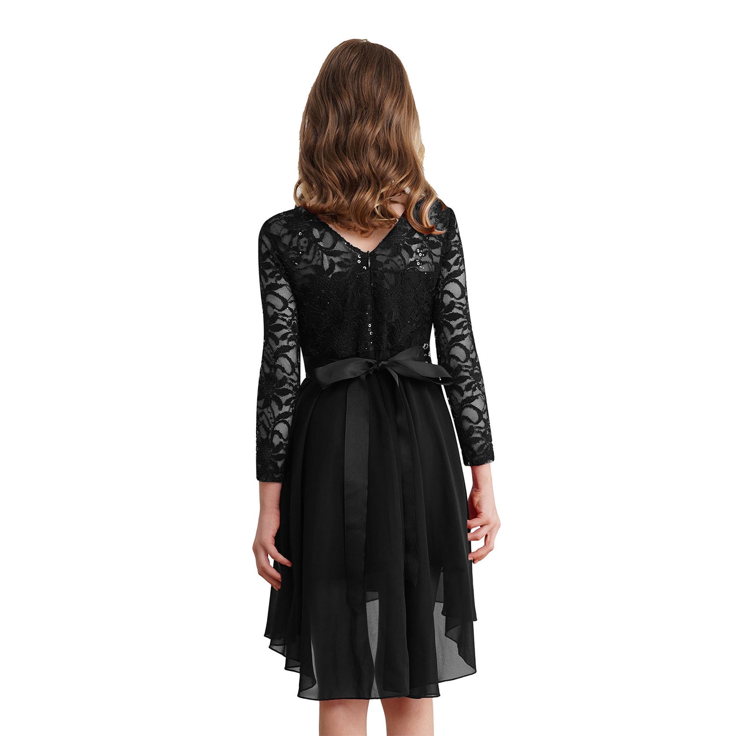 Elegantes Spitzen-Partykleid für Kinder, Mädchen, Chiffon, Spleißen, langärmelig, Kleid mit hohem und niedrigem Saum und Strass-Schärpe für Hochzeit, Geburtstag