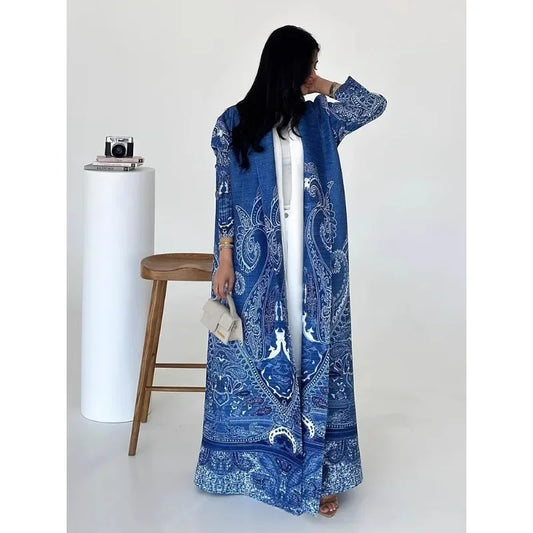 Abaya Miyake Pleated Printed Robe Jacket Arabian Dubai Style Women's Long Sleeve Conservative Demure Muslim Trench Coat 55inches.