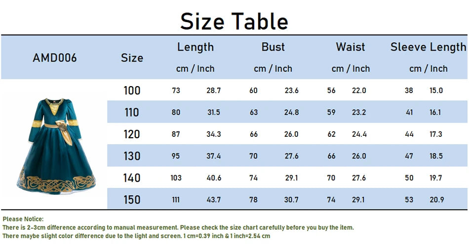 Girls Merida Cosplay Princess Dress Children Stage Performance Clothes Kids Halloween Carnival Party Long Sleeves Outfits