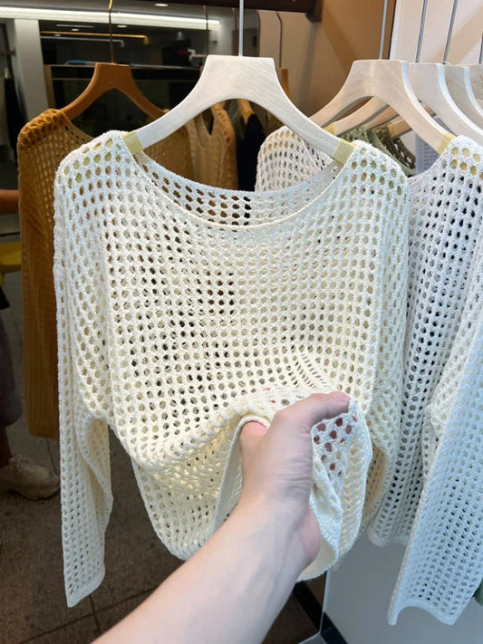 2025 Mesh Vintage Harajuku Langarm Frauen Pullover Koreanische Frühling Sommer Strickwaren Weiche Dünne Tops Chic Solide Femme Pullover.