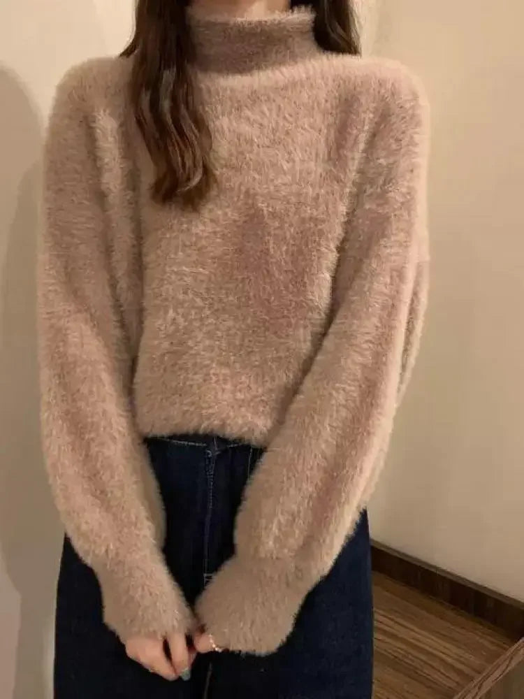 2025 frauen Gestrickte Tops Winter Imitieren Nerz Wolle Heißer Fleece Weibliche Rollkragen Elastische Beiläufige Pullover Weiche Warme Pullover