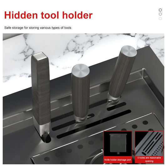 Stainless Steel Kitchen Sink Stepped Large Single Slot Wash Dish Vegetables Basin Multifunctional With Cup Washer Knife Holder