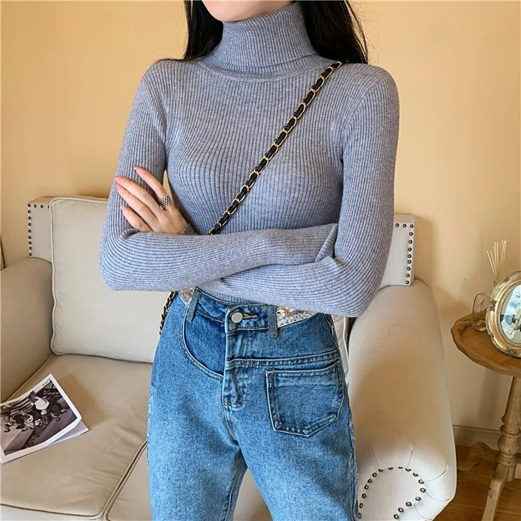 2023 herbst Winter Frauen Langarm Gestrickte Foldover Rollkragen Rippen Pull Pullover Weiche Warme Femme Jumper Pullover Kleidung