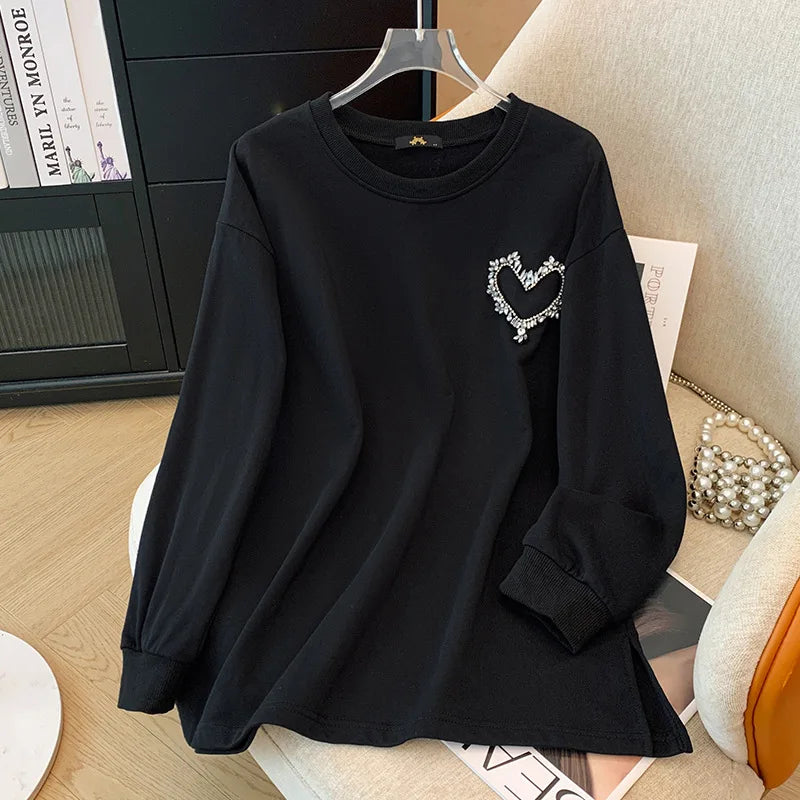 150 kg Übergröße Damen Büste 155 Frühling Herbst Lose Sweatshirt mit hellem Diamantherz Schwarz 5XL 6XL 7XL 8XL 9XL
