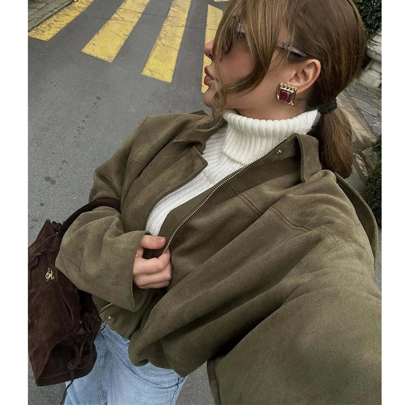 MUJER 2025, Wildleder-Bomberjacken für Damen, Oberbekleidung, übergroße Jacke, Damen-Streetwear, Reißverschluss, Damenmäntel, gepolsterte Varsity-Jacken