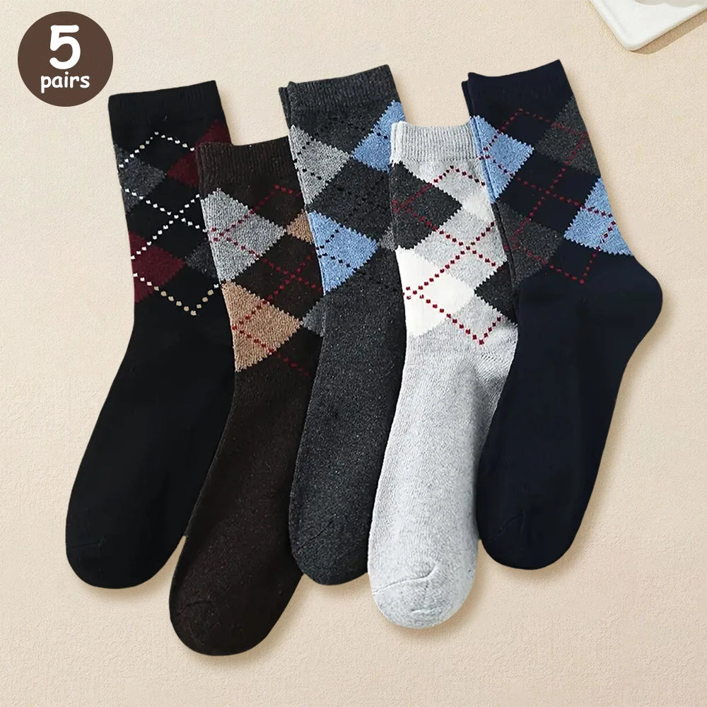 5 Pairs Men's Splicing Diamond Patterns Wool Socks Warm Winter Mid Length Socks Thickening Soft Cold-resistant Men Boots Socks.