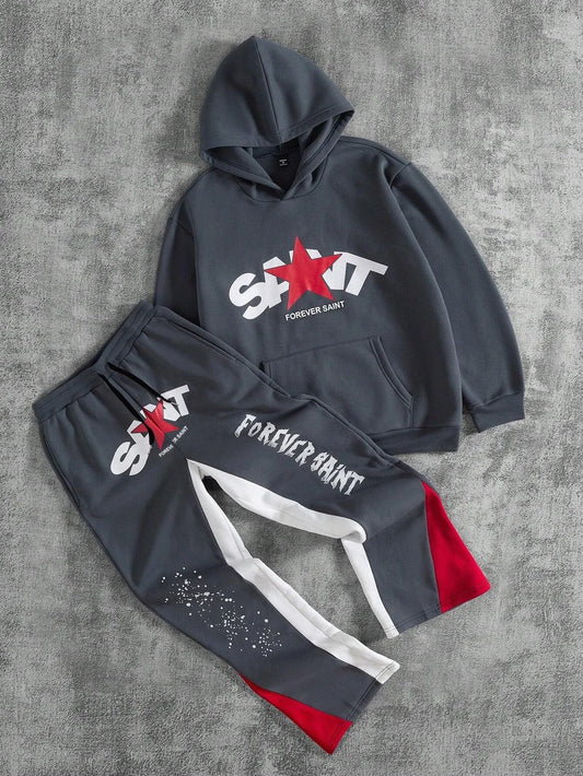 Two-piece black suit Y2K fashion pattern hoodie men clothing Harajuku Gothic women chic sports pants couple suit sportswear.