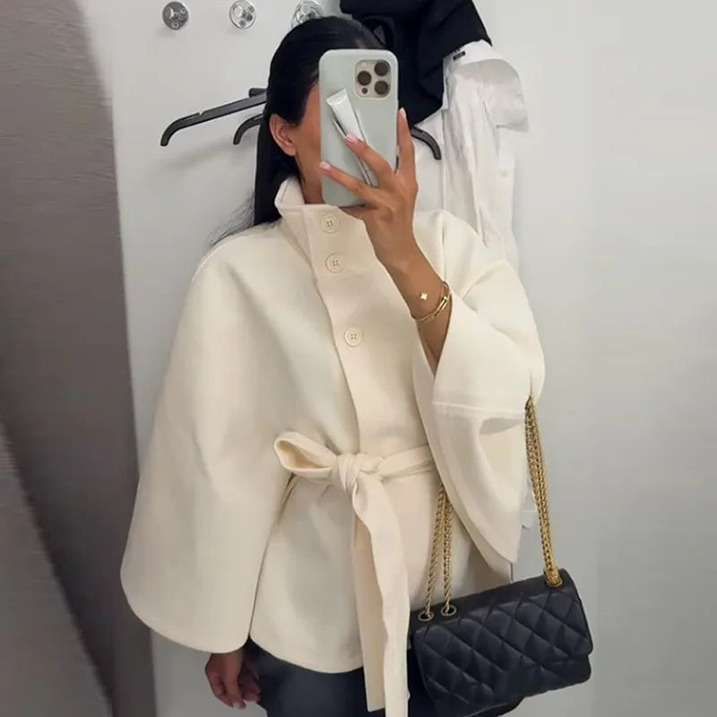 Damenmantel, kurze Cape-Mäntel für Damen, Gürtel, Mäntel aus Kunstwolle und Mischungen, Herbst-Winter, feste Mäntel, elegante Umhangjacke für Damen