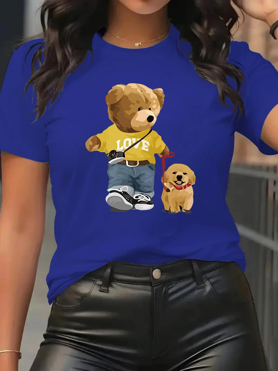 Summer and Spring Women's Short sleeved Round Neck Casual Top T-shirt with Teddy Bear Pattern.