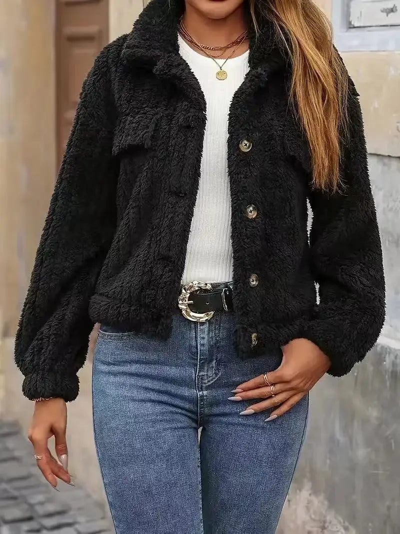 VigoCasey 2025, Herbst Winter Frauen Schwarze Jacke Einreiher Langarm Dicken Plüsch Warme Mantel Solide Dame Beiläufige Kurze Mantel