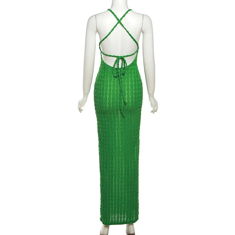 Sexy Streifen Rippen Stricken Schlank Bodycon Maxi Kleid Frauen Ärmellose Backless Lange Popcorn NDress Elegante Club Party Vestidos