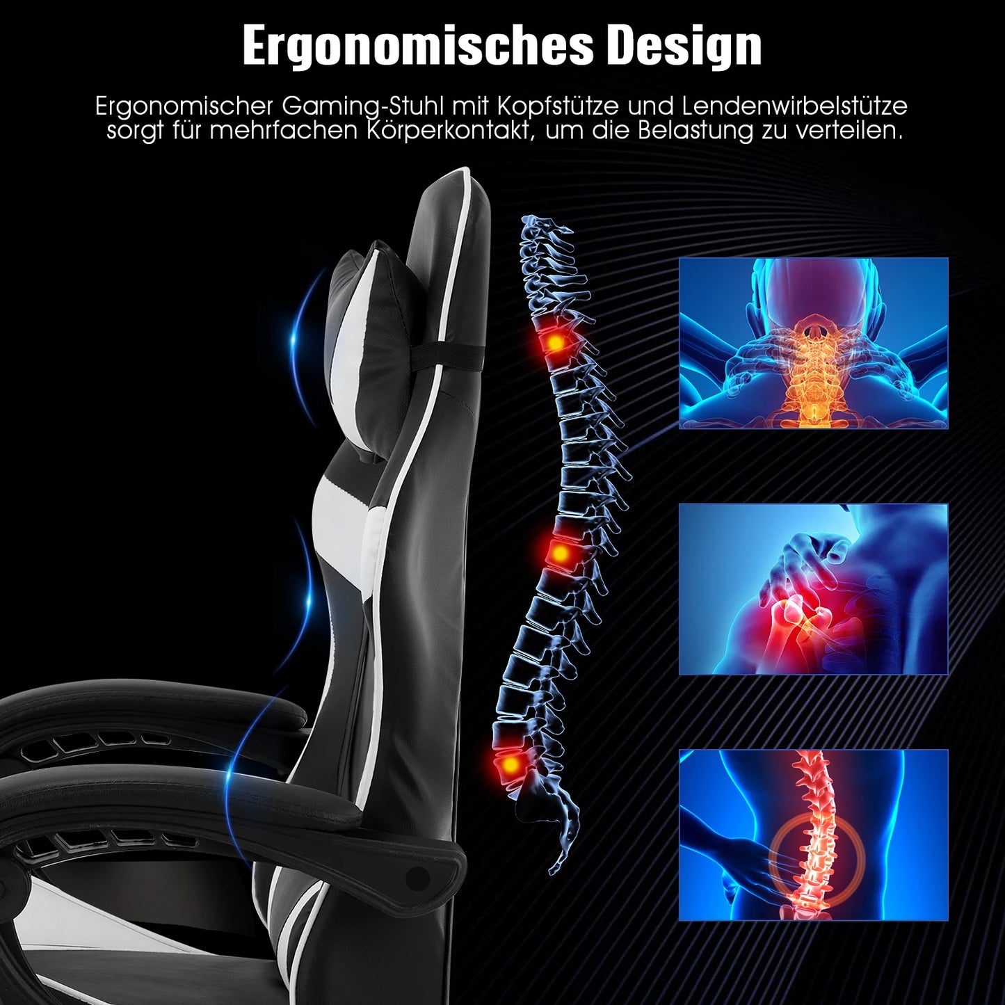 Bürostuhl Gaming Stuhl Massage Gaming Sessel Ergonomischer Gamer Stuhl mit Fußstütze, Kopfstütze Massage-Lendenkissen, Gepolstert Gaming Chair, Drehsessel Weiß