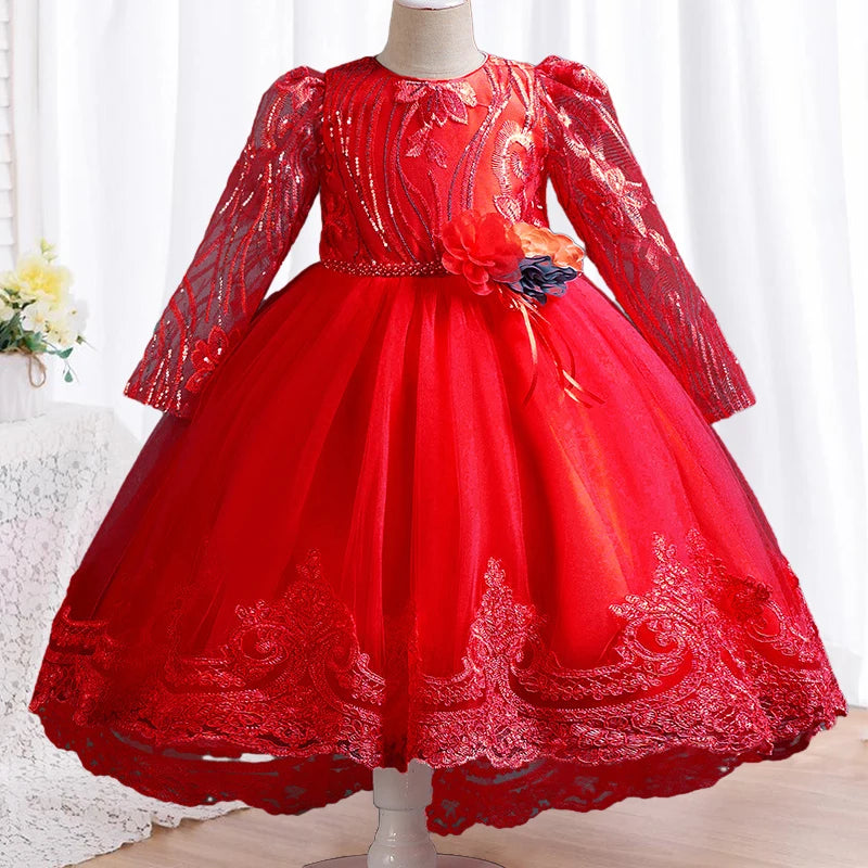 Blumen mädchen Hochzeits kleid lang ärmel ige Spitze Kleid elegante Mädchen Kunst Leistung Prinzessin Kleid Mädchen Karneval Kleidung