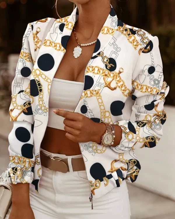 Mode Frauen Jacken Dünne Kurze Mäntel Herbst Vintage Print Lange Sleeve Zipper Dünne Jacke 2024 Casual Oberbekleidung Weibliche Jacke