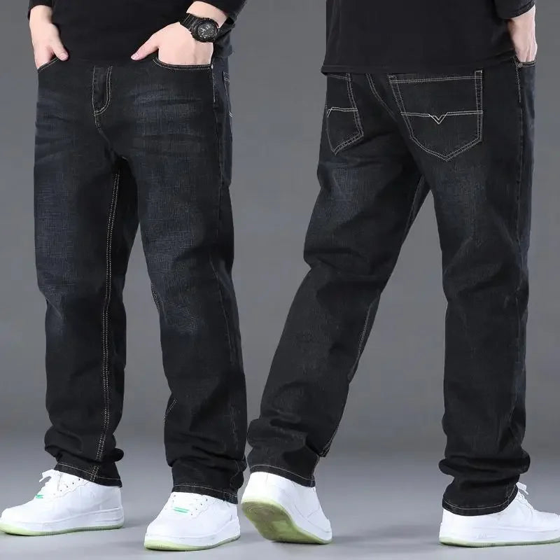 Große Größe Herren Jeans High Stretch Denim Stoff Große Größe Hosen für 45-150 kg Jeans Hombre Jeans mit weitem Bein Pantalon Homme