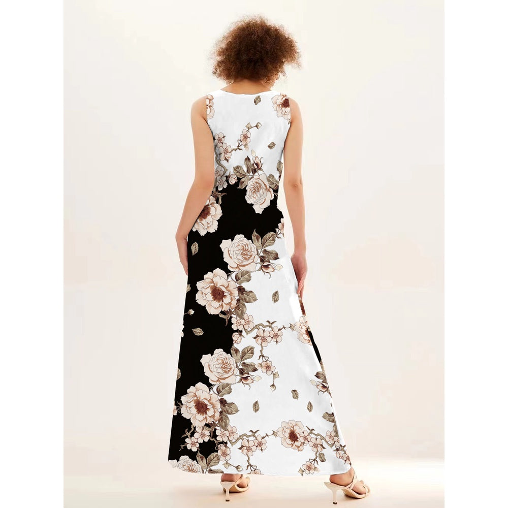 Blumendruck Neues lässiges ärmelloses langes Kleid Damen V-Ausschnitt bedrucktes Kleid Swing Bohemian Retro Kleider