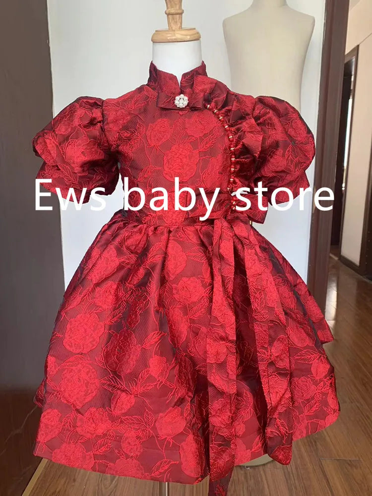 Sommer neue Kinder Prinzessin Ballkleid Kinder Bogen Puff Ärmel Design Hochzeit Geburtstag Taufe Party rote Kleider für eid a2051