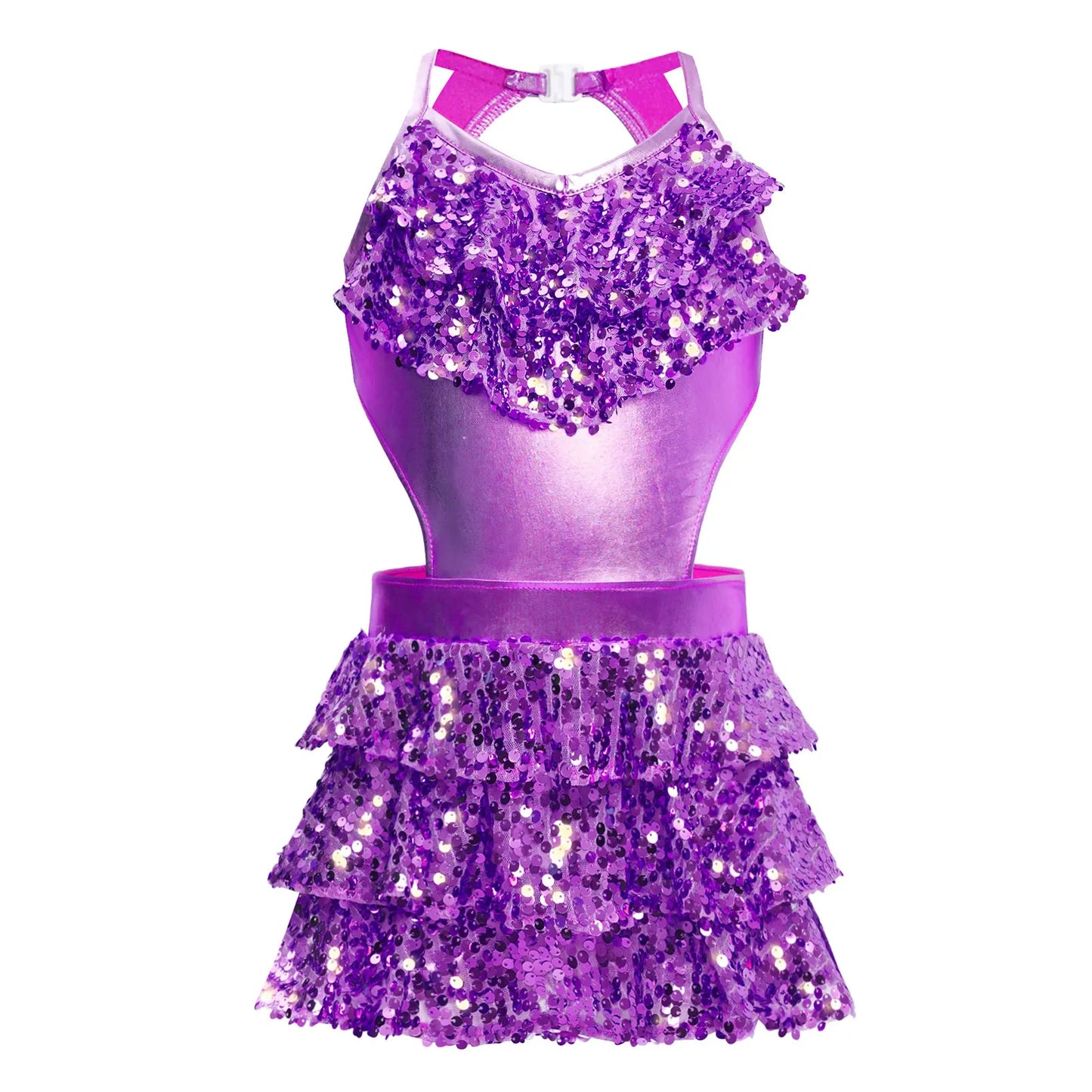 Kinder Mädchen Pailletten Jazz Ballett Tanzkleid Ärmellos Ausschnitt Tiered Rüschen Trikot Salsa Samba Rumba Skating Performance Kostüm